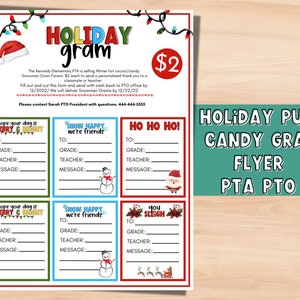 VAKANTIE Woordspelingen snoep fondsenwerving flyer voor PTA. Candy Cane gram Holiday School-inzamelingsactie. PTO-evenement bewerkbare flyer. Bewerkbare inzamelingsactie.