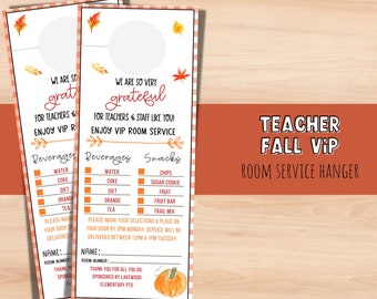 Thanksgiving Gratitude VIP room service Teacher & Staff appreciation template. Christmas Editable Door Hanger. PTO PTA Template.
