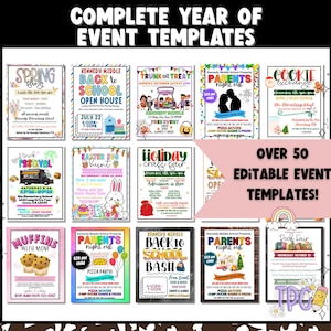 May include: A collection of over 50 editable event templates, including flyers for school events like a Back to School Bash, a Food Truck Festival, and a Book Fair. The templates are colorful and feature various graphics.