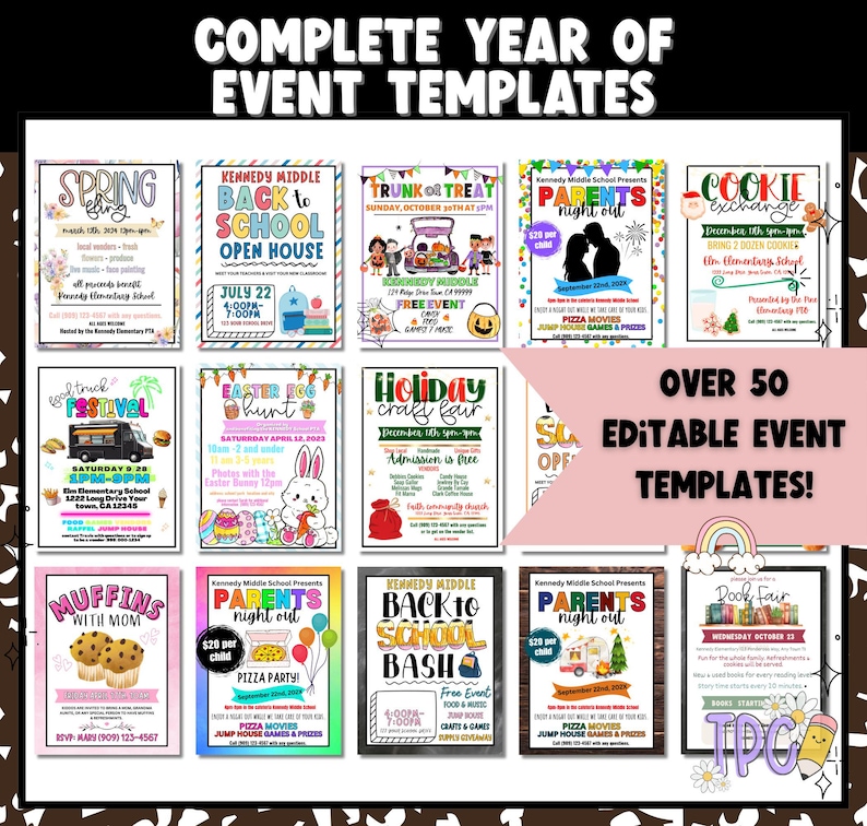 May include: A collection of over 50 editable event templates, including flyers for school events like a Back to School Bash, a Food Truck Festival, and a Book Fair. The templates are colorful and feature various graphics.
