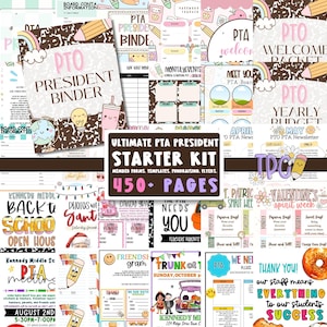 May include: A collection of printable PTA resources, including a president's binder, budget templates, and event flyers. The kit features a variety of colorful designs with school-themed illustrations, such as pencils, rainbows, and donuts. The kit includes over 450 pages.