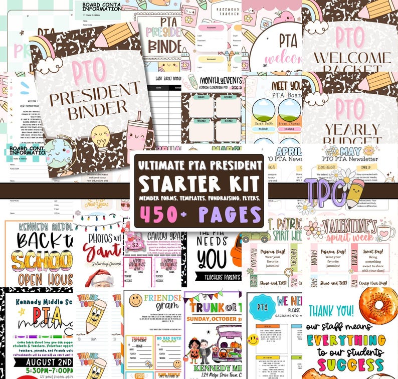May include: A collection of printable PTA resources, including a president's binder, budget templates, and event flyers. The kit features a variety of colorful designs with school-themed illustrations, such as pencils, rainbows, and donuts. The kit includes over 450 pages.