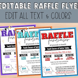 Modelo editável de Raffle Flyer. Folheto de arrecadação de fundos para igrejas, esportes, escolas e eventos comunitários.