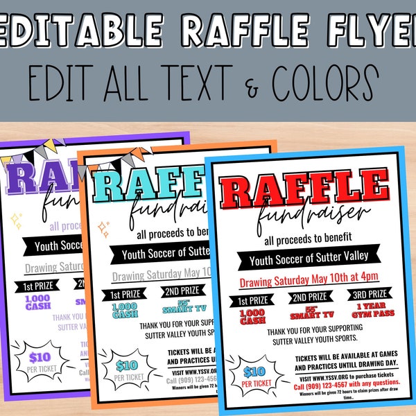 Raffle Flyer editable template. Fundraiser flyer for church, sports, school, and community events.