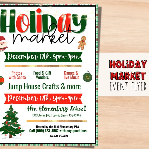 Holiday Market Flyer editable template. Fundraiser flyer for church, sports, school, and community events. Christmas Event Invitation.