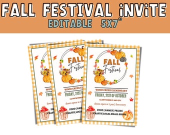 Puede incluir: Invitación a un festival de otoño con una ilustración de acuarela de calabazas y hojas de otoño. La invitación es para la escuela primaria Wood Creek el viernes 21 de octubre. El evento incluye comida, juegos, premios, artesanías y pequeñas tiendas locales. Las puertas abren a las 7 pm y la entrada es gratuita.