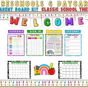 テンプレート付きの保護者用掲示板バンドル。幼稚園の毎日のスケジュール。デイケアの保護者用掲示板。歓迎掲示板キット。サインインシート。