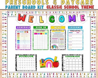 May include: A colorful preschool and daycare parent board kit with a classic school theme. The board includes a welcome banner, schedule, sign-in sheet, news, lessons, a July 2023 calendar, and a weekly menu. The design features crayons, rainbows, and an apple.