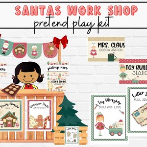 May include: A printable pretend play kit for kids featuring a Santa's workshop theme. The kit includes signs for a toy building station, cookie baking station, letter station, and a toy workshop. The kit also includes a sign that says "Santa's Workshop" and a sign that says "Cookies for Santa".
