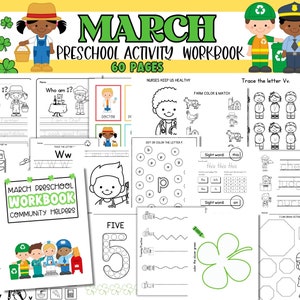 MARZO Cuaderno de ejercicios de preescolar. Actividad de san patricio. Actividad de ayudantes comunitarios para preescolar.