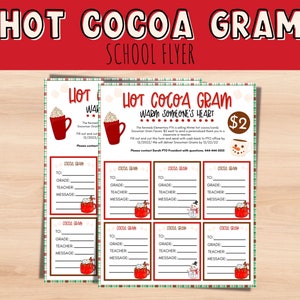 Cacao Gram SCHOOL. Flyer voor inzamelingsactie met sneeuwpopsnoep voor PTA Hot Cocoa Gram. Bewerkbare flyer voor PTO-evenement. Afdrukbare schoolinzamelingsactie.
