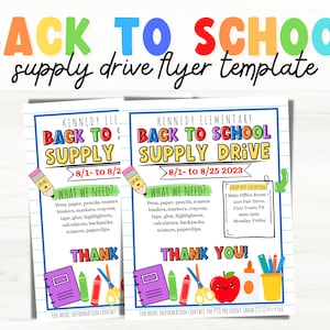 Back to School Supply Drive Flyer. Editable School Fundraiser Template.
