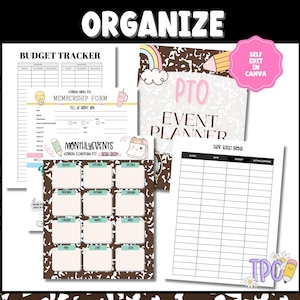 May include: A collection of printable planner pages with the word "ORGANIZE" at the top. Includes a budget tracker, membership form, monthly events calendar, and event planner. The pages have a brown and white cow print background with cute illustrations.