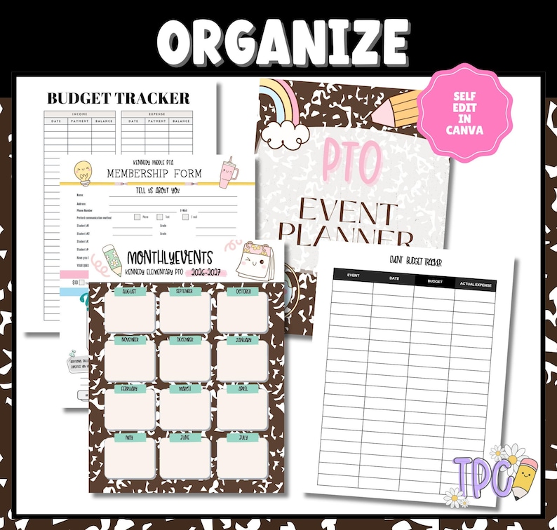 May include: A collection of printable planner pages with the word "ORGANIZE" at the top. Includes a budget tracker, membership form, monthly events calendar, and event planner. The pages have a brown and white cow print background with cute illustrations.