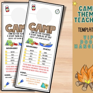 May include: A printable door hanger template with a camp theme. The template features a campfire, a tent, a canoe, and a flashlight. It includes a list of beverages and snacks with checkboxes for selection. The text reads "Camp Theme Teacher Template VIP Door Hangers".