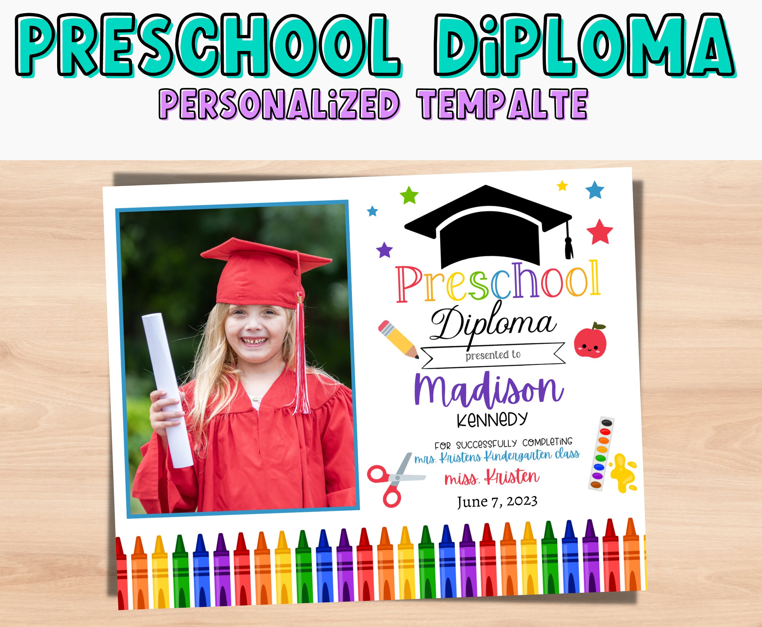 Editable Preschool Diploma With Photo, Personalized Graduation ...