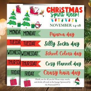 Könnte beinhalten: Ein druckbarer Weihnachts-Spirit-Wochenplan mit festlichem Design. Der Plan beinhaltet für jeden Tag der Woche ein anderes Thema, von Pyjama-Tag bis verrückter Haartag. Der Text lautet "Christmas Spirit Week!" und "November 14-18".