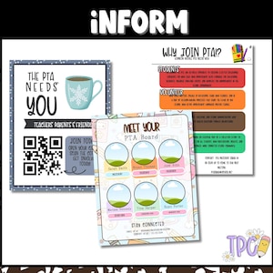 May include: Informational posters for a PTA, featuring the text "The PTA Needs You" with a QR code, and "Meet Your PTA Board". The posters have a coffee cup graphic and a list of board members.