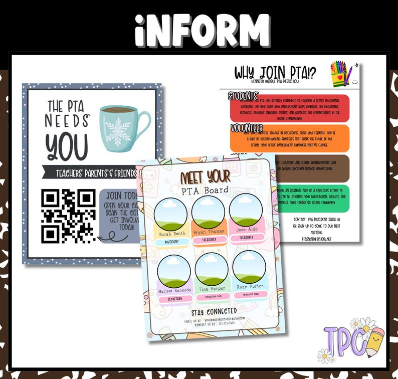 May include: Informational posters for a PTA, featuring the text "The PTA Needs You" with a QR code, and "Meet Your PTA Board". The posters have a coffee cup graphic and a list of board members.