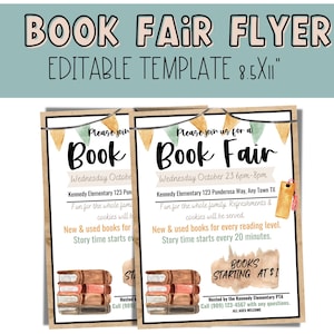 May include: A printable book fair flyer template with a watercolor background. The flyer is 8.5 by 11 inches and features a stack of books, a banner with flags, and the text "Please join us for a Book Fair".