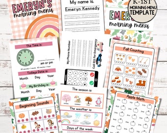 Pagine del menu del mattino / Menu del mattino per l'asilo nido e la scuola materna / Menu del mattino per la prima elementare / Menu del mattino autunnale del cestino del mattino / Cartella per la scuola materna