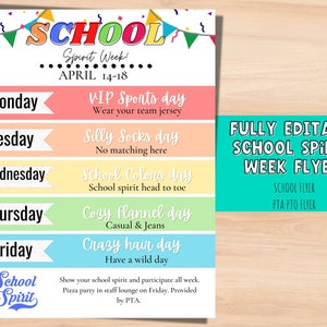 SCHOOL SPIRIT week school flyer. Bright spirit week PTO flyer. Editable Pta flyer for school fundraiser. Spirit week planner.