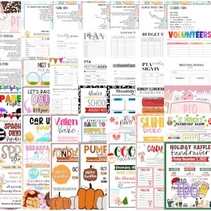 May include: A collection of colorful flyers and forms for school events, including PTO meetings, fundraisers, and volunteer sign-ups. The flyers feature text and graphics for events like bake sales, pumpkin sales, and holiday raffles.