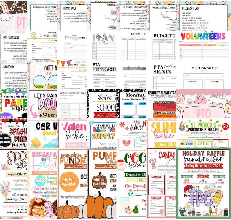 May include: A collection of colorful flyers and forms for school events, including PTO meetings, fundraisers, and volunteer sign-ups. The flyers feature text and graphics for events like bake sales, pumpkin sales, and holiday raffles.