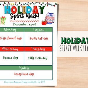 Holiday Spirit week itinerary school flyer. Festive spirit week PTO flyer. Editable Pta flyer for school fundraiser. Spirit week planner.