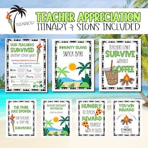 Our Teachers are Survivor Teacher appreciation week theme. Teacher & Staff appreciation template. PTO PTA Template. Treat sign Itinerary