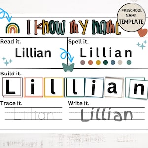May include: A printable worksheet for preschoolers to practice writing their name. The worksheet includes sections for reading, spelling, building, tracing, and writing the name "Lillian".