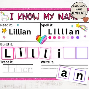May include: A printable worksheet for preschoolers to practice writing their name. The worksheet features a unicorn, a rainbow heart, and a magic wand. The name "Lillian" is used as an example. The worksheet includes sections for reading, spelling, building, tracing, and writing the name.