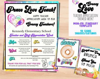 Groovy Bright Teacher appreciation week ITINERARY Schedule and treat signs. Teacher Appreciation week.