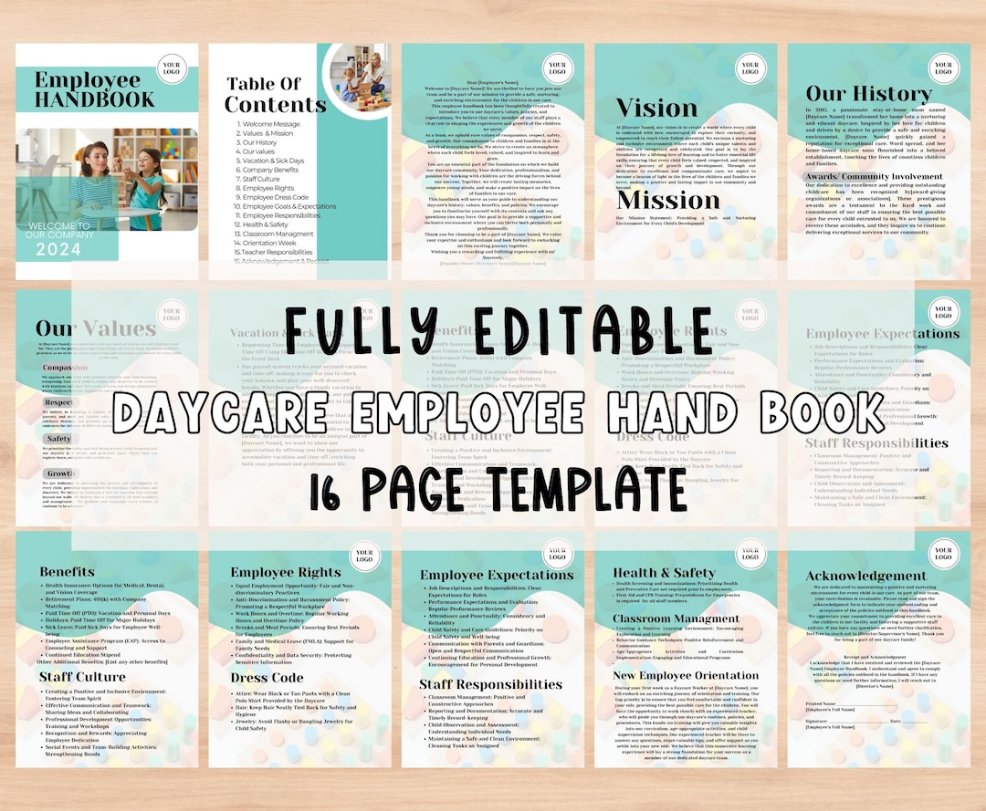 Printable Daycare Employee Handbook Form for Daycare Template Editable
