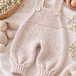 May include: A cream-colored knit romper featuring a speckled pattern of tiny blue, pink, and yellow dots. The garment has a textured bib front, two white buttons at the shoulder straps, and ribbed cuffs at the ankles for a secure fit.