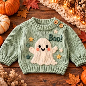Sweterek dla dziecka z motywem ducha na Halloween – DK – Wzór do robienia na drutach – Tylko do druku w formacie PDF – Przyjazne dla początkujących instrukcje krok po kroku – Unisex