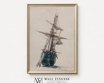 Dipinto di peschereccio / Stampa di paesaggio marino d'epoca / Dipinto a olio marino / Collezione nautica / Stampabile digitale