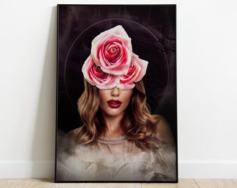 Rose Head Woman, Woman With Flower Head Painting, Lure, Wall Decor, Woman With Flower, Digital Download, Wall Art, Contemporary
