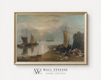 Dipinto antico di approdo in mare / Stampa di paesaggio marino d'epoca / Dipinto a olio marino / Collezione nautica / Stampabile digitale