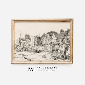 Schets oude stad | Neutrale minimalistische muurkunst | Vintage tekening | Afdrukbaar digitaal | Digitale download