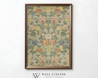 Arte textil vintage / Impresión de pared con patrón de alfombra / Tapiz verde / Decoración de pared otoñal / Impresión digital