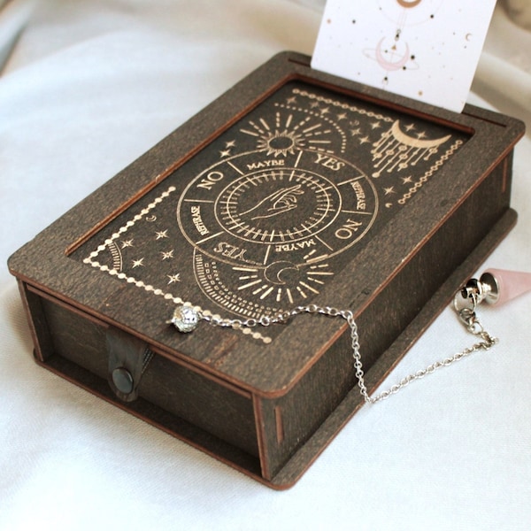 Pendulum board tarot box with tarot card stand. Tarot card box with card display