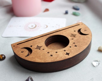 Tarot card holder moon phases. Tarot / Oracle / affirmation card stand with tealight candle holder / crystal display