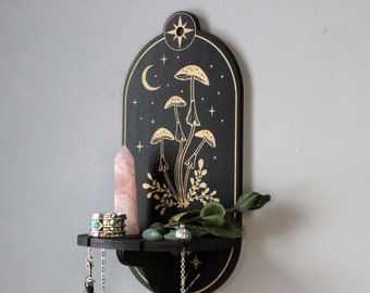 Celestial mushroom shelf pendulum holder, Mushroom decor Altar shelf crystal display