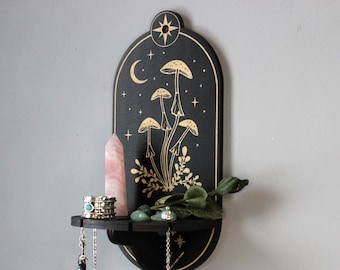 Celestial mushroom shelf pendulum holder, Mushroom decor Altar shelf crystal display