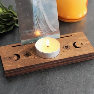 Oracle / tarot card stand holder. Wiccan altar tool / Moon phases altar card display with tealight place