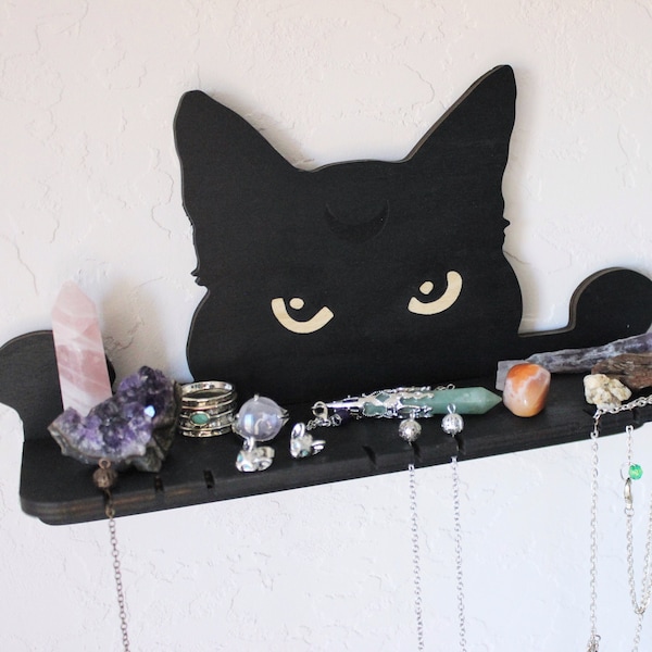 Black cat wall shelf crystal display, necklace holder, jewelry hanger, bedside organizer. Cat lover gift idea / gifts for her