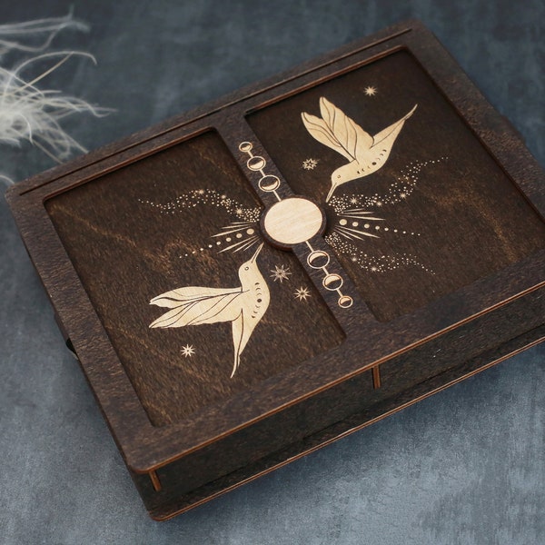 Double tarot deck box with lid moon phases Hummingbirds. Birthday gift for mom Celestial birds jewelry box. Tarot box for multiple decks