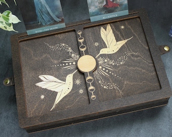 Double oracle or large tarot deck box with lid moon phases Hummingbirds. Best friend Birthday gift