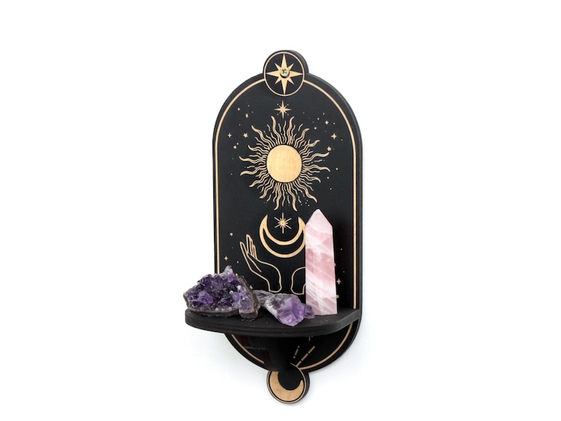 Celestial mushroom shelf pendulum holder, Mushroom decor Altar shelf crystal display image 12